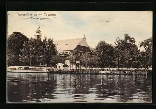 AK Berlin-Treptow, Spree-Garten Treptow vom Wasser gesehen