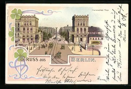 Lithographie Berlin, Hallesches Thor mit Kleeblatt-Dekor