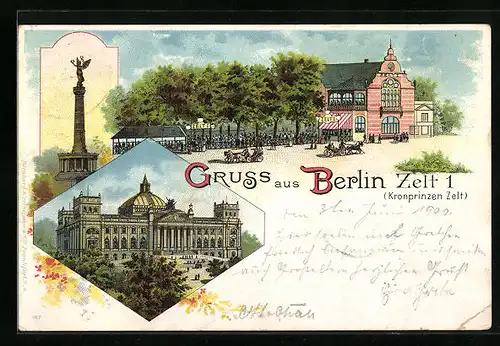 Lithographie Berlin, Siegessäule mit Kronprinzen Zelt