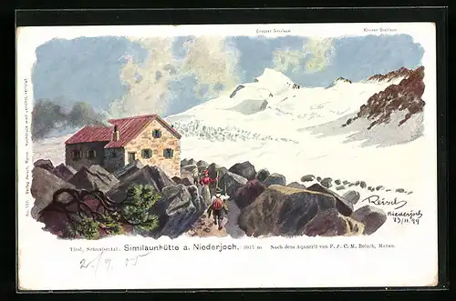 Künstler-AK F.A.C.M. Reisch: Similaunhütte am Niederjoch über dem Schnalsertal