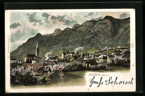 Künstler-AK F.A.C.M. Reisch: Kaltern /Südtirol, Ortsansicht gegen das Gebirge