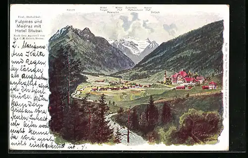Künstler-AK F.A.C.M. Reisch: Fulpmes, Ortsansicht mit Hotel Stubai und Medraz