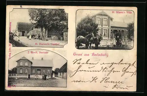 AK Böelschuby, H. Nissens Villa, H. Hansens Gasthof, Besitzer J. Block