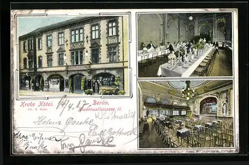 AK Berlin, Krebs Hotel in der Niederwallstrasse 11 - Strassenansicht, Bankettsaal