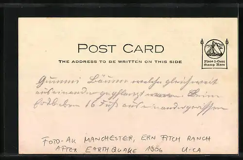 Foto-AK Manchester, CA, Ern Fitch Ranch after Earthquake 1906