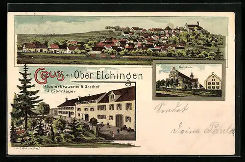 Lithographie Ober Elchingen, Klosterbrauerei & Gasthof J. Eisenlauer, Klosterkirche