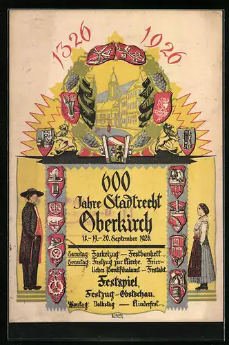 Künstler-AK Oberkirch, 600 Jahre Stadtrecht 1926, Festpostkarte, Einwohner in Tracht