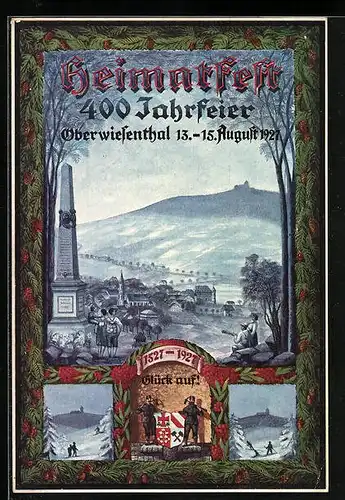 Künstler-AK Oberwiesenthal, Heimatfest und 400 Jahrfeier 1927, Festpostkarte, Bergmänner mit Wappen