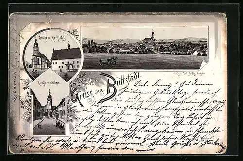 Lithographie Buttstädt, Totalansicht, Kirche u. Marktplatz, Kirche von Süden