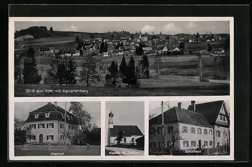 AK Rott, Gesamtansicht mit Kalvarienberg, Pfarrhof, Kapelle St. Ottilien, Schule