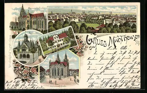 Lithographie Mühlhausen /Th., Panorama der Stadt, Weisses Haus, Popperode, Obermarktskirche