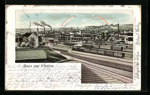 Lithographie Werdau, Teilansicht mit Bahnhofsgelände