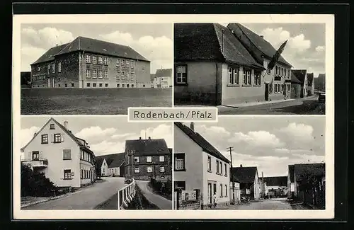 AK Rodenbach /Pf., Ortspartie mit Brücke, Strassenpartie, Haus mit montierter Stange, Grosses Gebäude