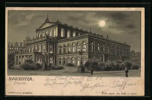 Mondschein-Lithographie Hannover, Darstellung des Theaters, Halt gegen das Licht: beleuchtete Fenster