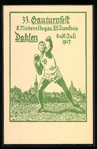 Künstler-AK Dahlen, 33. Gauturnfest 8. Niederelbegau XIV Turnkreis 1927, Kugelstosser