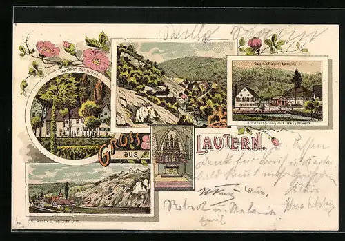 Lithographie Lautern, Totalansicht mit Gasthof Zur Krone und Zum Lamm