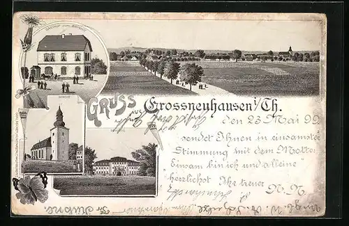 Lithographie Grossneuhausen i. Thür., Totalansicht mit Gasthof zum Bahnhof