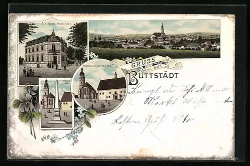 Lithographie Buttstädt, Totalansicht mit Kaiserl. Postamt und Kirche