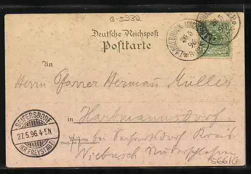 Lithographie Buttstädt, Totalansicht mit Kaiserl. Postamt und Kirche