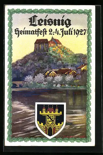 Künstler-AK Leisnig, Heimatfest 1927 mit Wappen