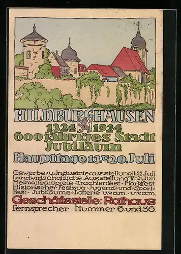Künstler-AK Hildburghausen, 600 jähriges Jubiläum 1924, Fetspostkarte