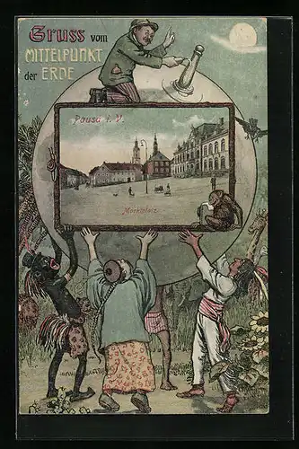 Grusskarten-AK Pausa i. V., Mittelpunkt der Erde, Marktplatz