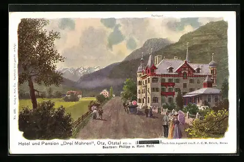Künstler-AK F.A.C.M. Reisch: Ötz /Ötztal, Hotel und Pension Drei Mohren