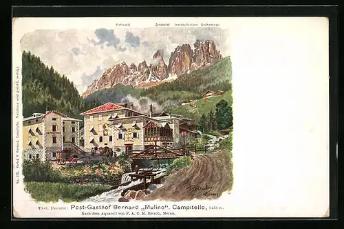 Künstler-AK F.A.C.M. Reisch: Campitello, Post-Gasthof Bernard Mulino