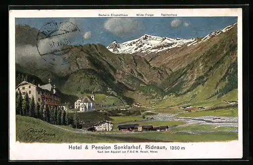 Künstler-AK F.A.C.M. Reisch: Ridnaun, Hotel & Pension Sonklarhof