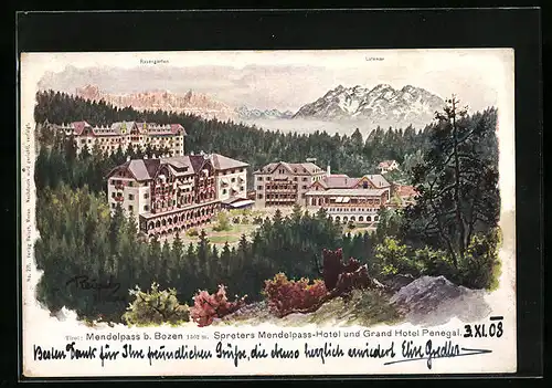 Künstler-AK F.A.C.M. Reisch: Mendelpass b. Bozen, Spreters Mendelpass-Hotel und Grand Hotel Penegal