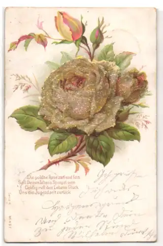 Glitzer-Perl-AK Goldene Rose mit Glitzer-Perlen und Vers