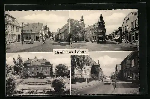 AK Lohne, Ortspartie mit Blick auf Kirche, Strassenpartie