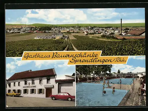 AK Sprendlingen /Rhh., Panorama des Ortes, Gasthaus Bauernschänke in der Badenheimer Strasse 3, Freibad