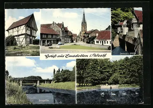 AK Emsdetten /Westf., Blick vom Sandufer, Deitmars Mühle, Alter Speicher, Stadtpark