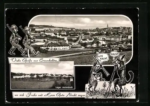 Künstler-AK Baumholder, Ortsansicht, Lager Aulenbach, Soldaten, Fuchs und Hase