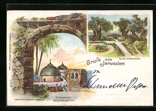 Lithographie Jerusalem, Grabeskirche, Garten Gethsemane
