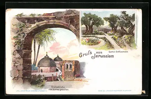 Lithographie Jerusalem, Grabeskirche von hinten gesehen, Garten Gethsemane
