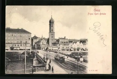 AK Graz, Strassenbahn auf der Franz Karl-Brücke