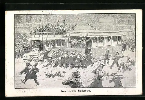 Künstler-AK Berlin, Strassenbahn kämpft sich mit Hilfe durch den Schnee