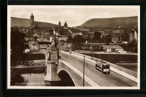 AK Jena, Strassenbahn auf der Camsdorfer Brücke