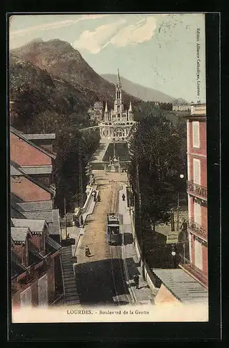 AK Lourdes, Boulevard de la Grotte, Strassenbahn