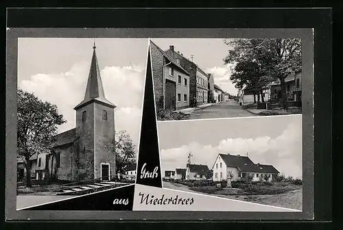 AK Niederdrees, Kirche, Strassenpartie mit Gebäudeansicht, Ortspartie