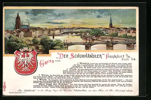 Lithographie Frankfurt a. M., Der Schuhhändler, Zeil 54, Teilansicht mit Brücke, Wappen