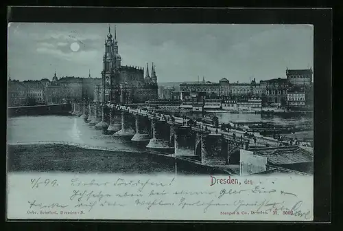Mondschein-AK Dresden, Uferpartie mit Kirche und Brücke