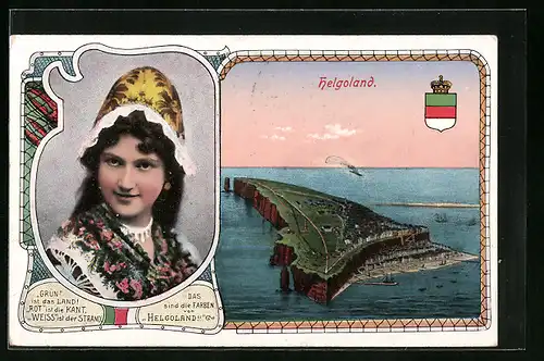 Passepartout-AK Helgoland, Inselpanorama, Wappen und Dame in Tracht