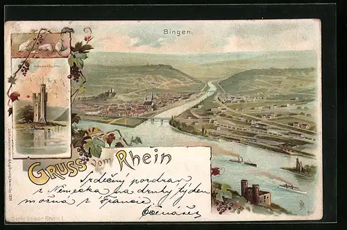 Lithographie Bingen am Rhein, Panorama und Mäuselturm