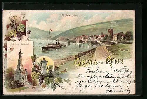 Lithographie Rüdesheim am Rhein, Panorama und National-Denkmal