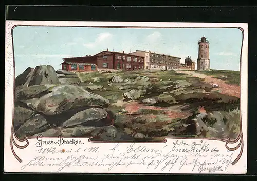 Lithographie Brocken, Blick auf die Brocken-Häuser