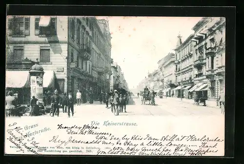 AK Karlsruhe, Kaiserstrasse mit Litfasssäule