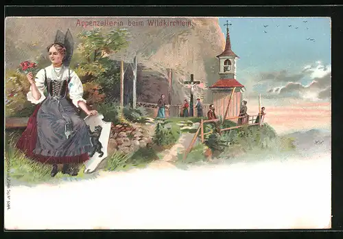 Lithographie Aescher-Wildkirchli, Appenzellerin beim Wildkirchlein